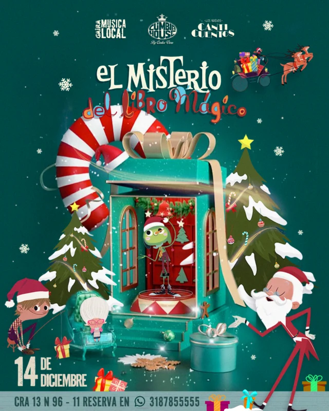 Afiche promocional del evento navideño ‘El Misterio del Libro Mágico’ en Cumbia House, con ilustraciones festivas como árboles de Navidad, bastón de caramelo, regalos y personajes animados. Incluye fecha 14 de diciembre, dirección Cra 13 N 96-11 y número de reservas 3187855555