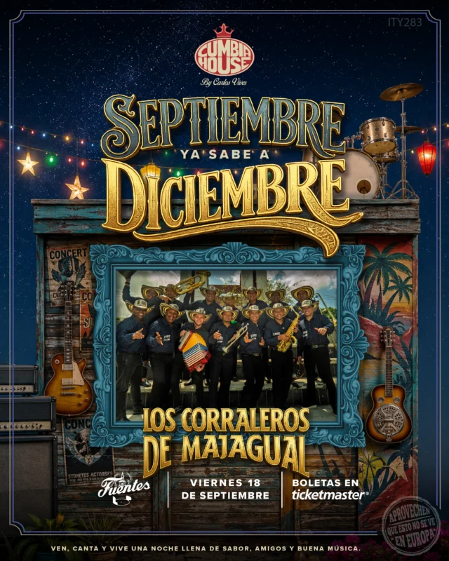 Porque en Cumbia House la fiesta se lleva en la sangre, este 18 de septiembre adelantamos la alegría de fin de año porque «Septiembre ya sabe a diciembre». Nos honra recibir en nuestra tarima a los legendarios Los Corraleros de Majagual, maestros del sabrosor y la tradición tropical colombiana, quienes pondrán a vibrar el escenario con sus acordeones, trompetas y clásicos inolvidables que forman parte de la memoria musical de nuestro país.