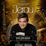 Afiche promocional de Cumbia House by Carlos Vives para un concierto. En el centro aparece el retrato de una persona vestida con ropa oscura, ubicada frente a un fondo de tonos dorados y negros con iluminación de escenario, partículas brillantes y elementos tropicales. Sobre la imagen se lee: “El tropipop se toma el cumbia con Jerau”. El diseño incluye varios elementos musicales alrededor del retrato, como una guitarra eléctrica a la izquierda, un micrófono clásico en la esquina inferior izquierda y un tambor tradicional a la derecha. También se observan palmeras, hojas tropicales y haces de luz que refuerzan una atmósfera festiva y de espectáculo en vivo. En una franja central negra aparece el mensaje: “Celebramos sus dos décadas de carrera artística”. En la parte inferior se anuncia la fecha “Viernes 16 de octubre” junto al texto “Boletas en Ticketmaster”. En la parte superior se encuentra el logotipo de Cumbia House by Carlos Vives y en la esquina inferior derecha aparece un sello circular con la frase “¡Aprovechen que esto no se ve en Europa!”. Al pie del afiche se lee: “¡Invitados y muchas sorpresas más! Cra 13 No. 96-11. www.cumbiahouse.com”. La composición utiliza principalmente colores dorados, negros y ámbar, creando una apariencia elegante y festiva asociada a una celebración musical en vivo. Proporcione sus comentarios sobre BizChat