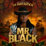 Afiche promocional de Cumbia House by Carlos Vives para una presentación musical. En el centro aparece una persona con sombrero negro de ala ancha, cabello largo y chaleco negro con detalles metálicos, sobre un fondo inspirado en la ciudad amurallada de Cartagena al atardecer. Detrás se observan edificaciones históricas junto al mar y un velero de estilo antiguo navegando frente a un cielo anaranjado. En la parte superior se lee “Directamente desde La Fantástica” y debajo destaca el nombre del artista en grandes letras doradas: “Mr Black”, acompañado por el subtítulo “El Presidente”. El diseño incorpora máscaras decorativas de inspiración afrocaribeña y patrones ornamentales en tonos rojizos y dorados. En la zona inferior aparecen dos banderas con franjas verdes, amarillas y rojas enmarcando el contenido principal. También se muestra la información del evento: “Sábado 7 de noviembre” y “Boletas en Ticketmaster”. En la parte inferior se leen la dirección y el sitio web: “Cra 13 No. 96-11. www.cumbiahouse.com”. El afiche utiliza una paleta de colores cálidos en tonos dorado, naranja, rojo y negro, evocando una atmósfera caribeña, festiva y relacionada con la música urbana y tropical.